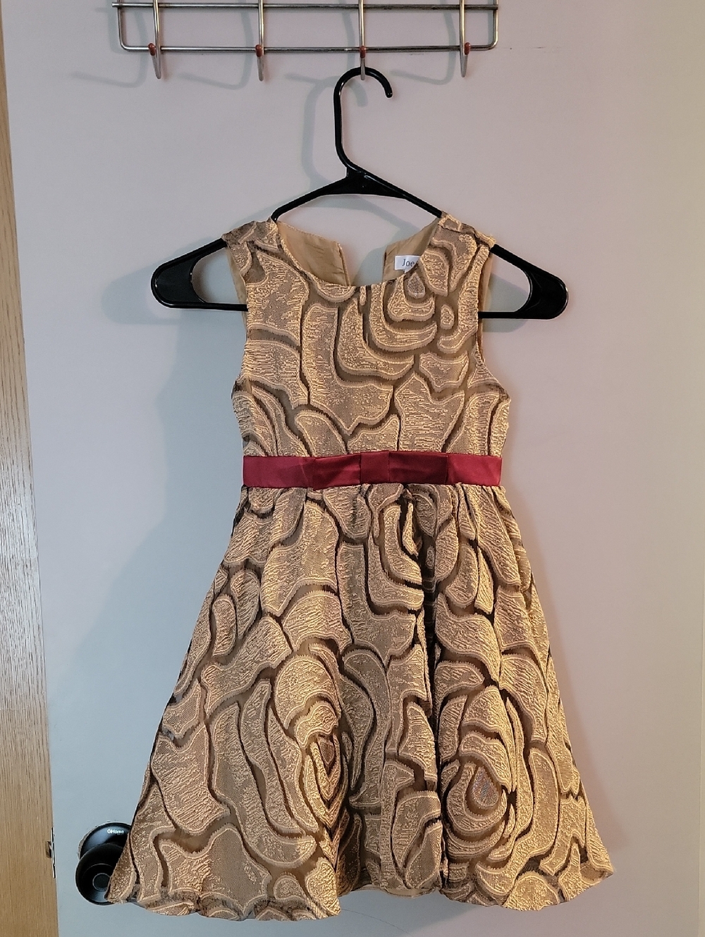 Girls' Metallic Floral Party Dress with Burgundy Waistband